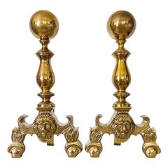Vintage Mid 20th Century French Empire Brass Cannonball Chenets Andirons, a Pair