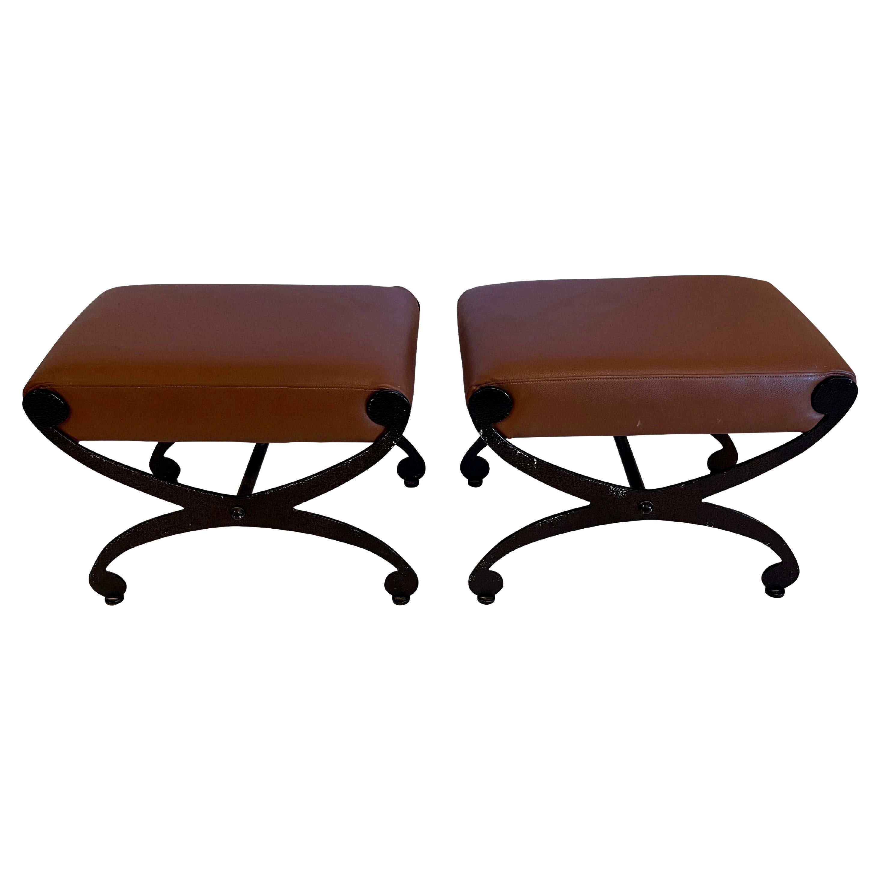 Pair of Stylish Black Iron and Tan Leather Benches For Sale