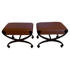 Retro Pair of Stylish Black Iron and Tan Leather Benches