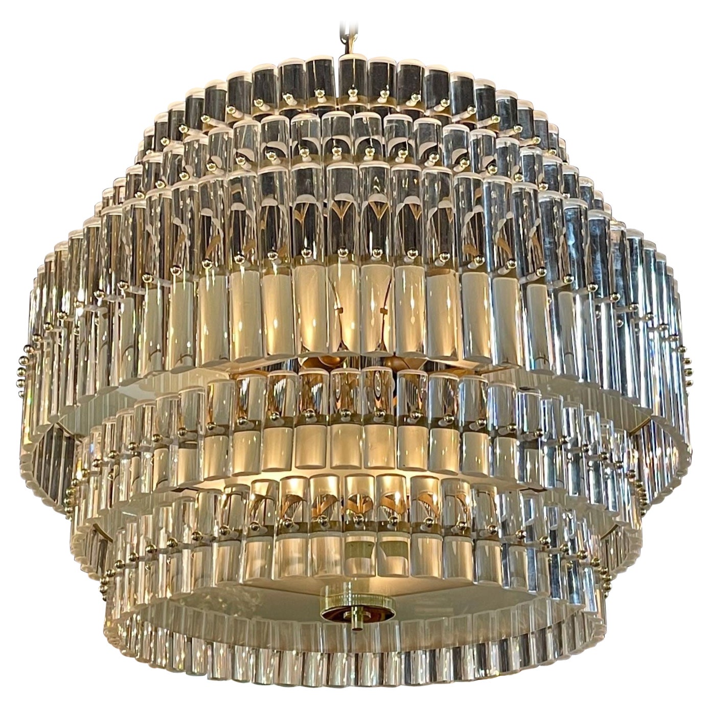 Modern Murano Glass and Brass Multi-Tiered Drum Form Chandelier For Sale