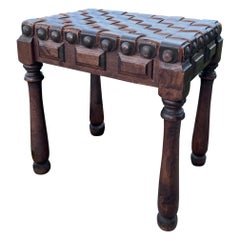 Retro Brutalist Leather and Carved Oak Stool