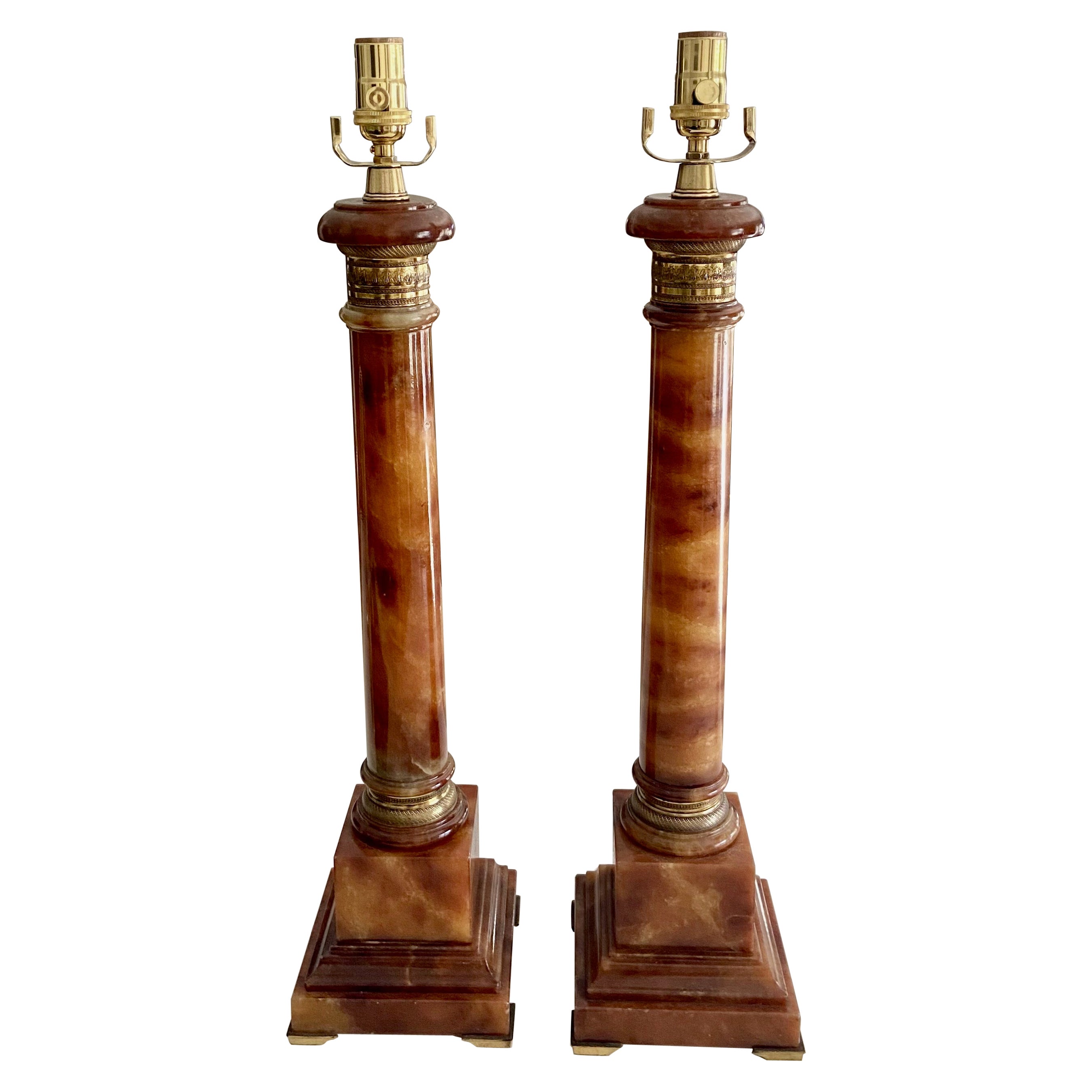 Pair Marbro Neoclassic Amber Column Alabaster Table Lamps For Sale