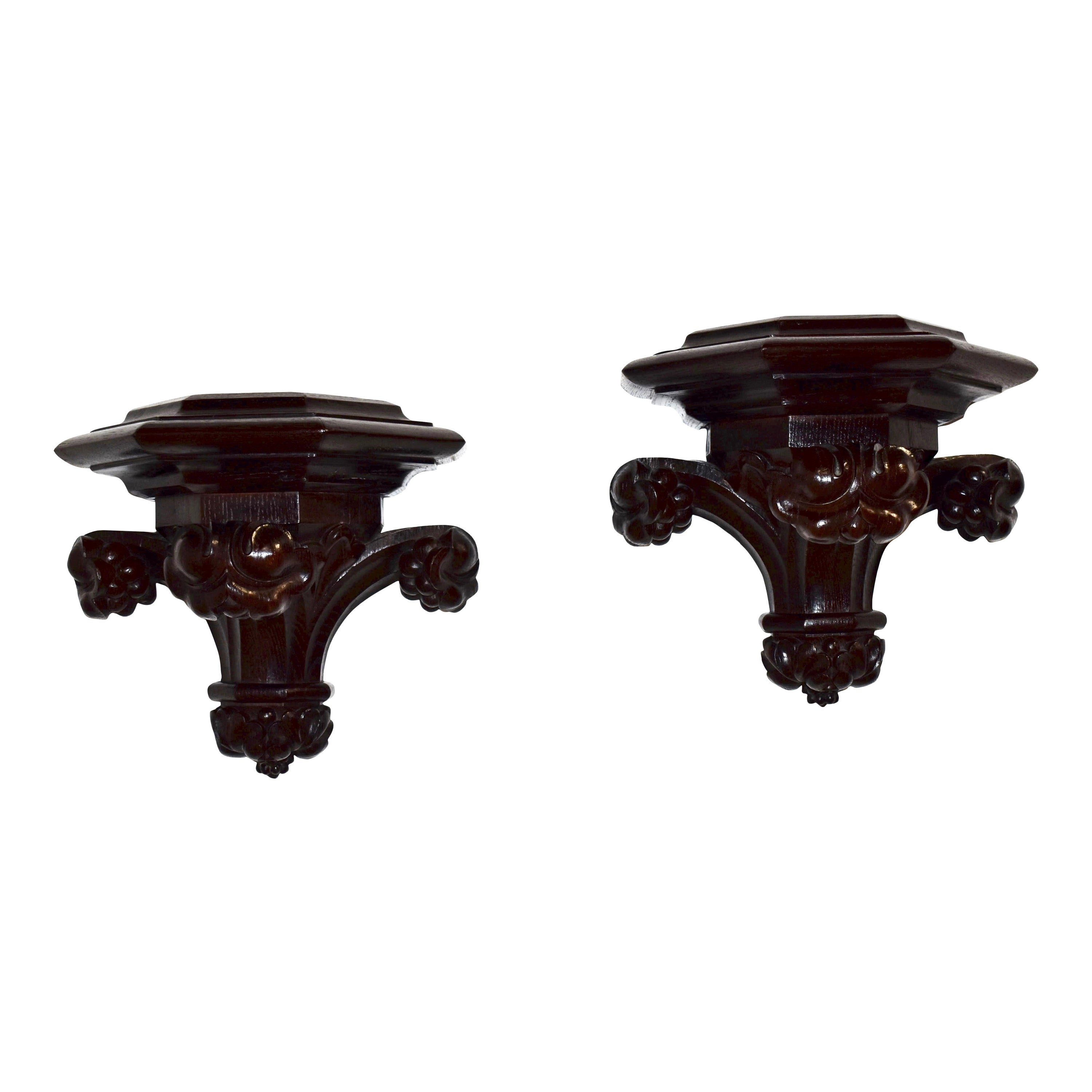 Pair of Carved Oak Wall Console Bracket Shelves, circa 1890 For Sale