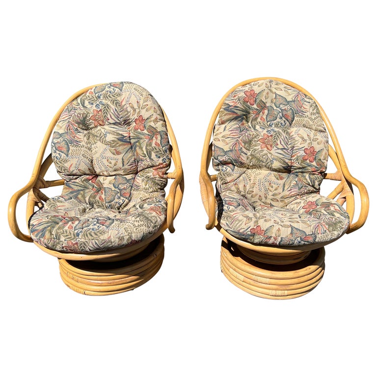 Pair of Boho Rattan Swivel Chairs For Sale at 1stDibs