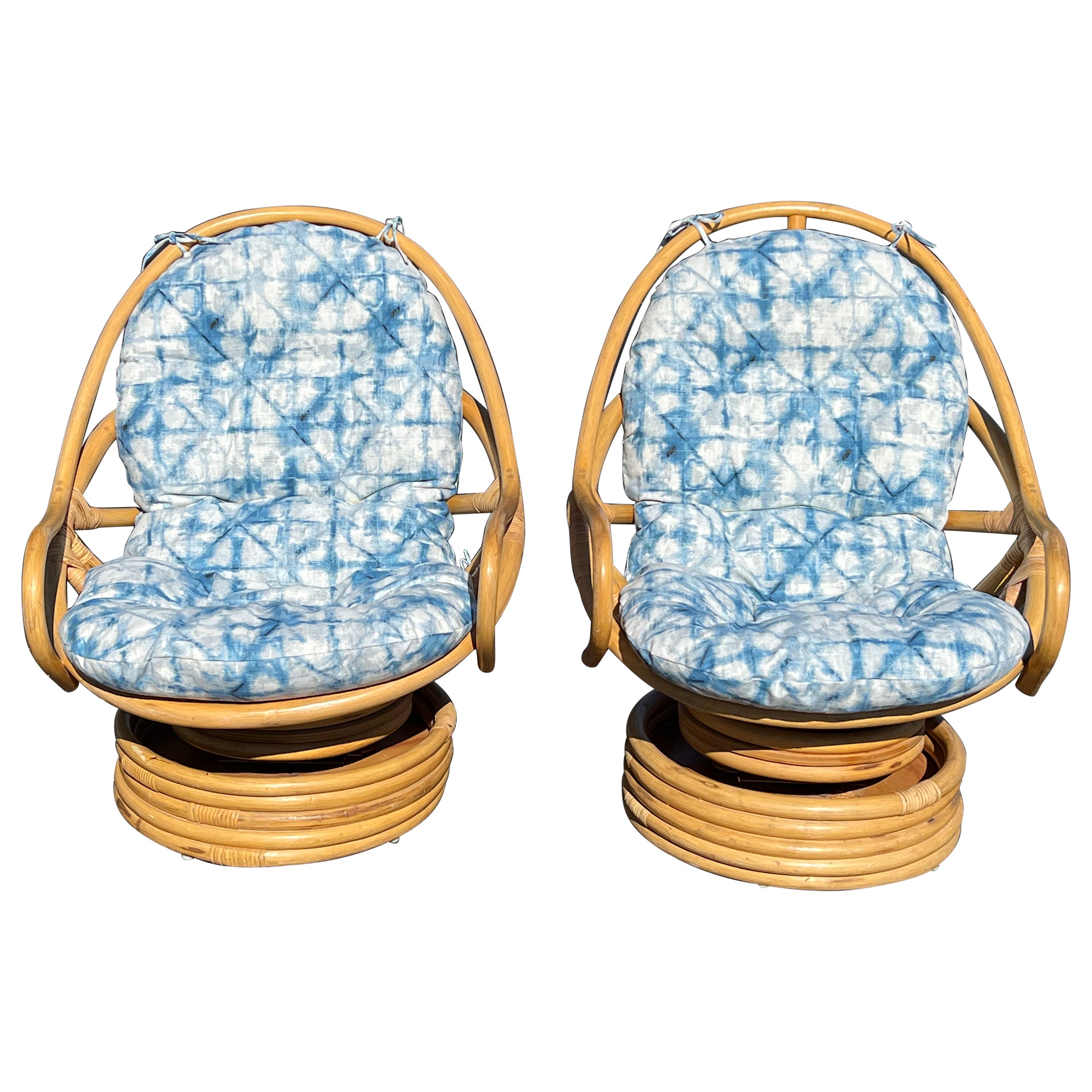 Pair of Boho Rattan Bamboo Swivel Chairs For Sale