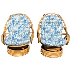 Pair of Boho Rattan Bamboo Swivel Chairs
