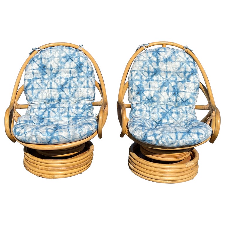 Pair of Boho Rattan Bamboo Swivel Chairs For Sale at 1stDibs