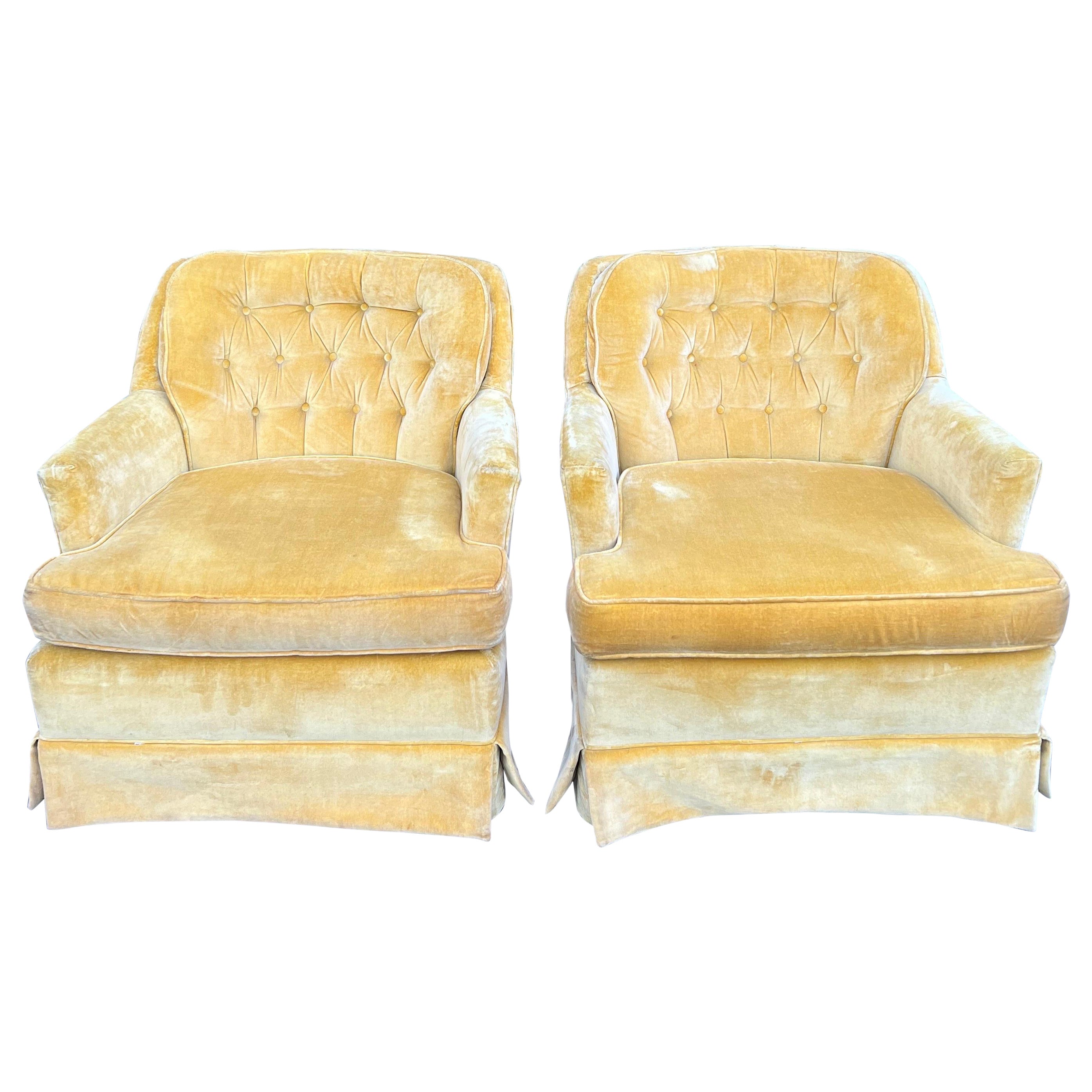 Pair of Mustard Yellow Velvet Club Chairs For Sale