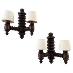 Vintage Pair of French Carved Oak Wall Sconces in the style of Dudouyt
