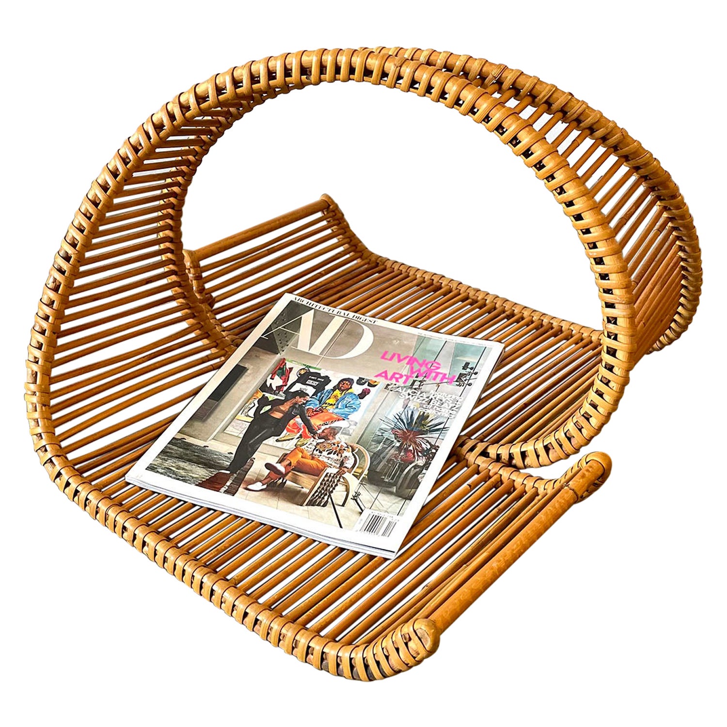 Mid Century Italian Sculpted Rattan Magazine Holder For Sale