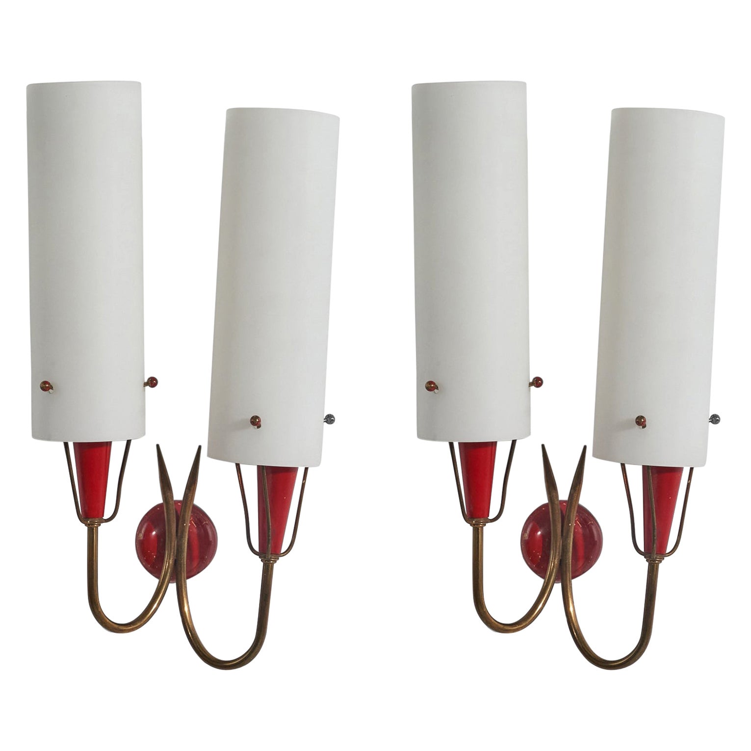 Italian Designer, Wall Lights, Brass, Red-Lacquered Metal, Glass, Italy, 1950s For Sale