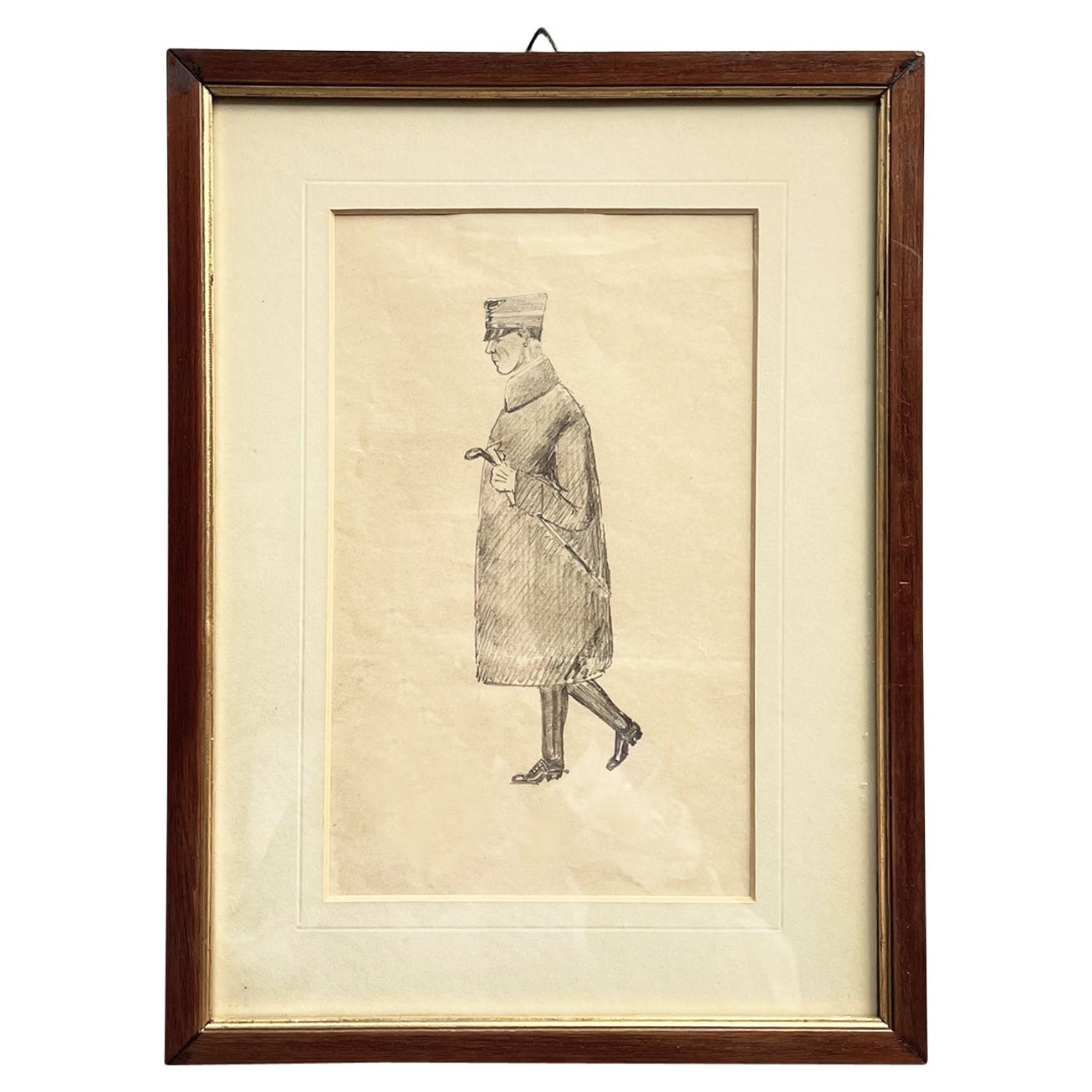Italian Antique Picture Pencil Drawing on Paper of a Man, in Wooden Frame, 1900s