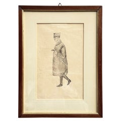 Italian Antique Picture Pencil Drawing on Paper of a Man, in Wooden Frame, 1900s