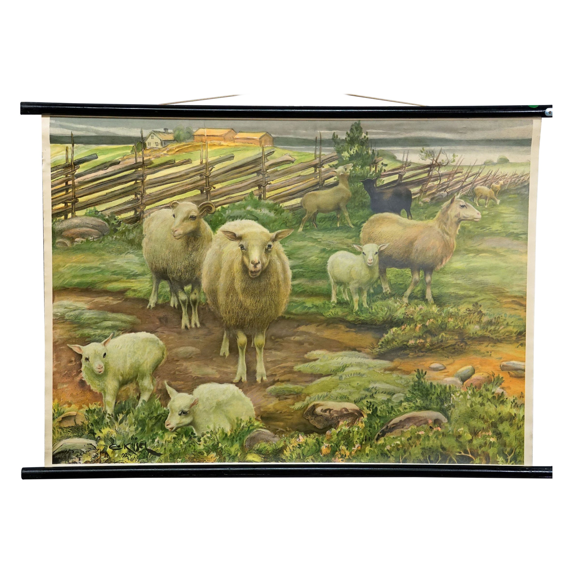 Cottagecore Mural Vintage Rollable Wall Chart Sheep in the Countryside For Sale