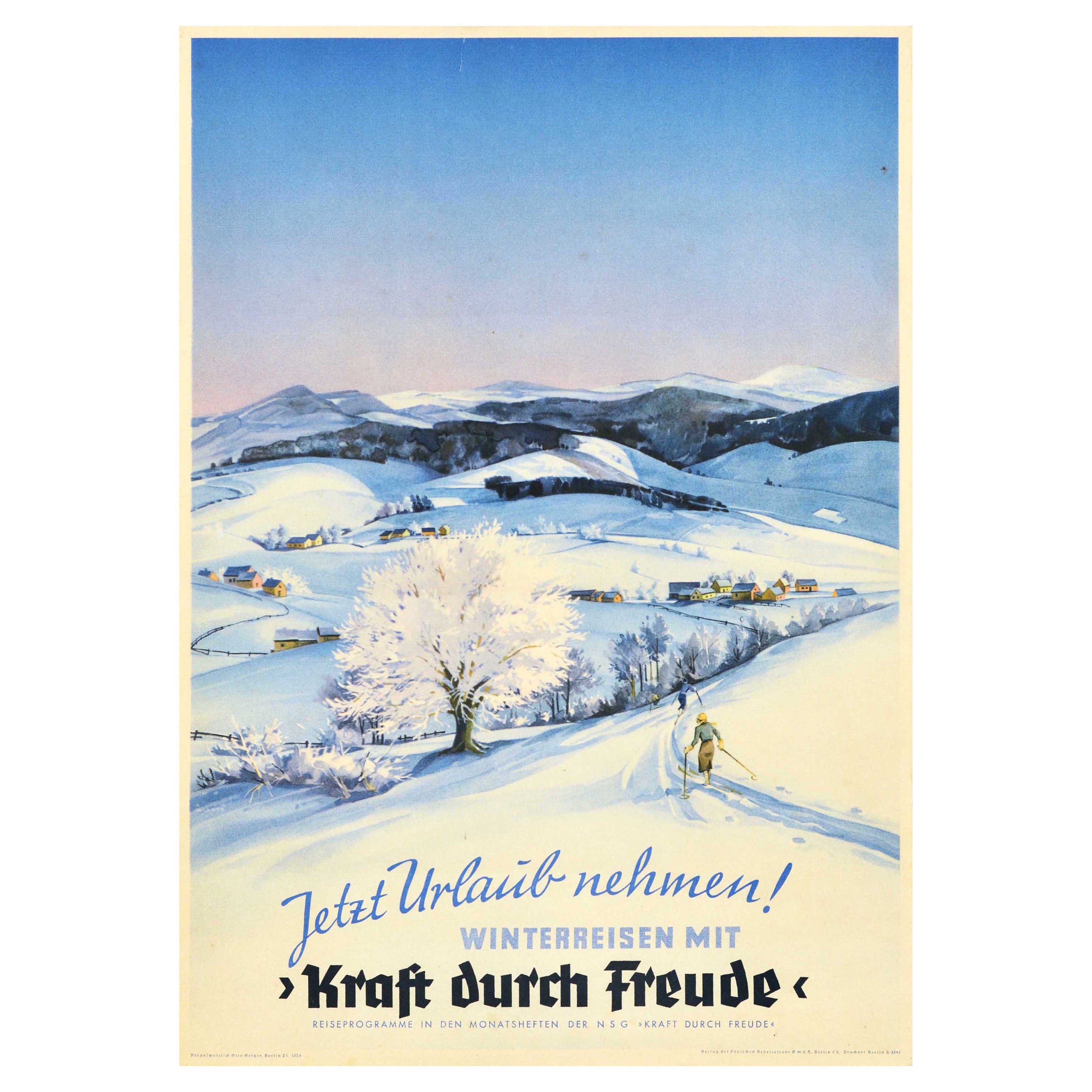 Original Vintage Travel Poster Winter Holiday Now Kraft Durch Freude Skiing For Sale