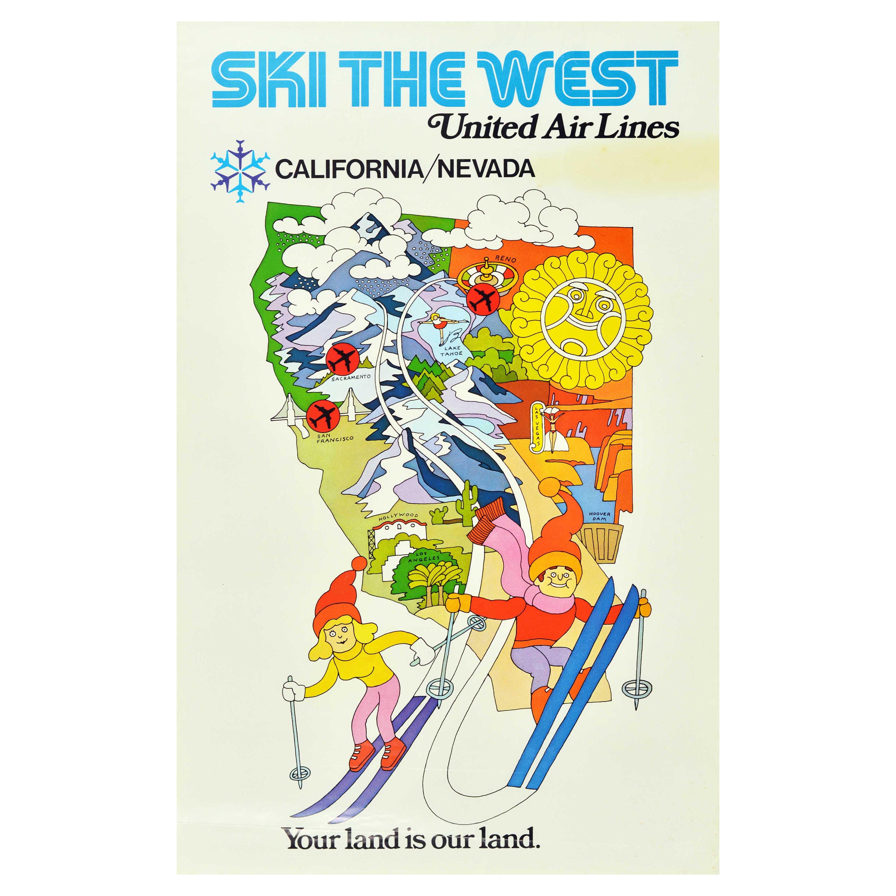 Original Vintage Travel Poster Ski The West United Airlines California Nevada US