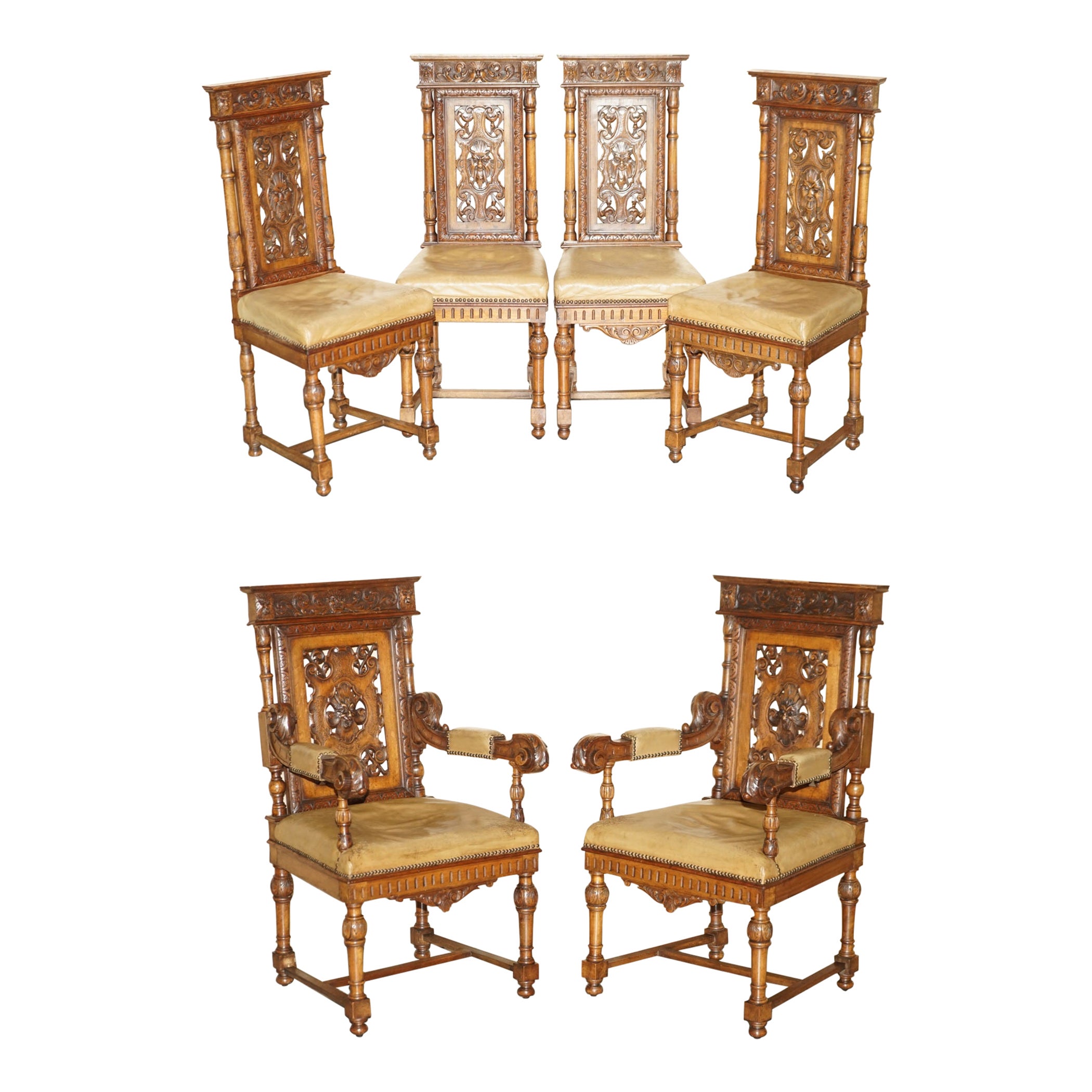 SIX ANTIQUE HAND CARVED WALNUT BROWN LEATHER GOTHIC REVIVAL DINING CHAIRs 6 For Sale