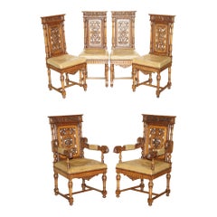 SIX ANTIQUE HAND CARVED WALNUT BROWN LEATHER GOTHIC REVIVAL DINING CHAIRs 6