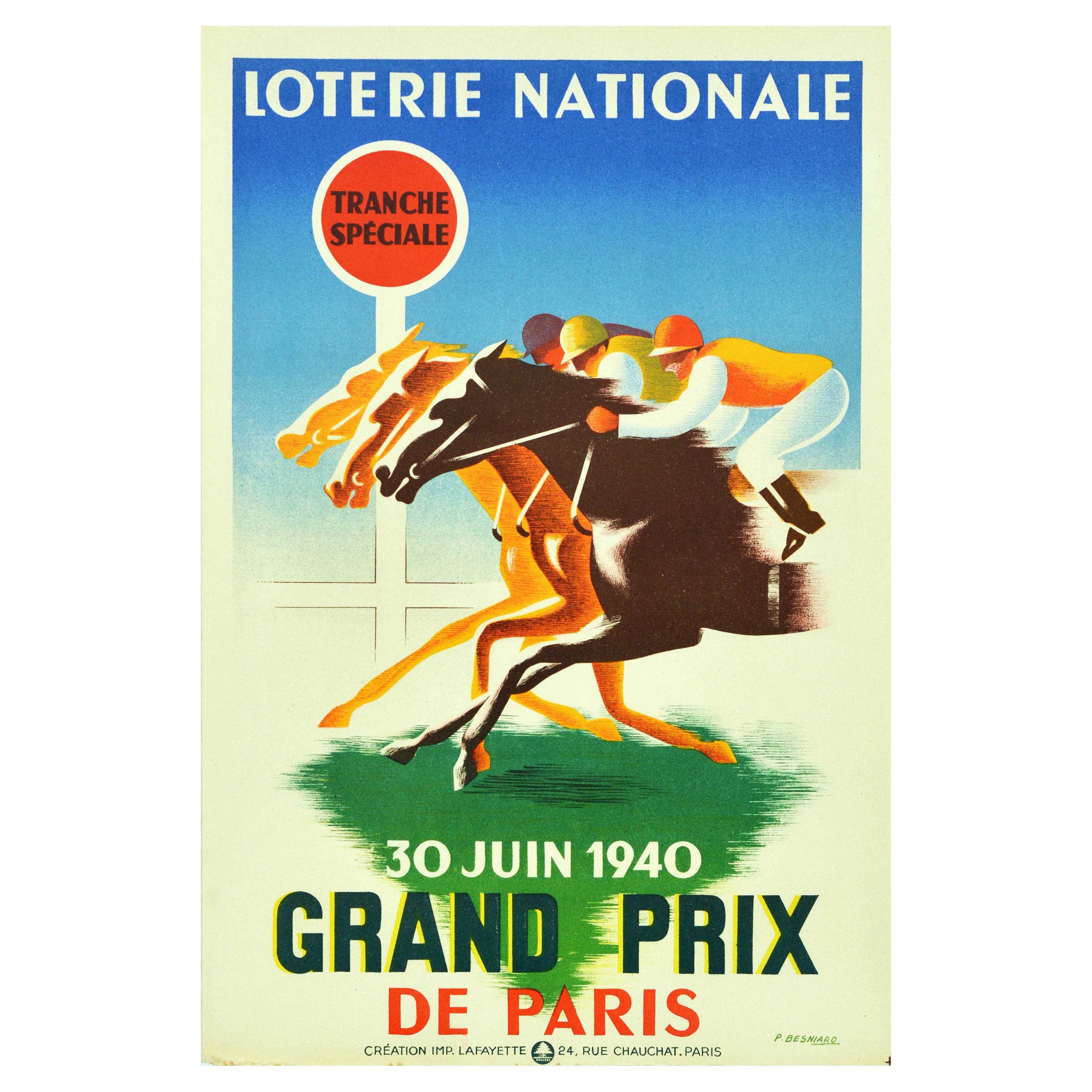 Affiche publicitaire vintage d'origine Loterie Nationale Grand Prix de course de chevaux en vente