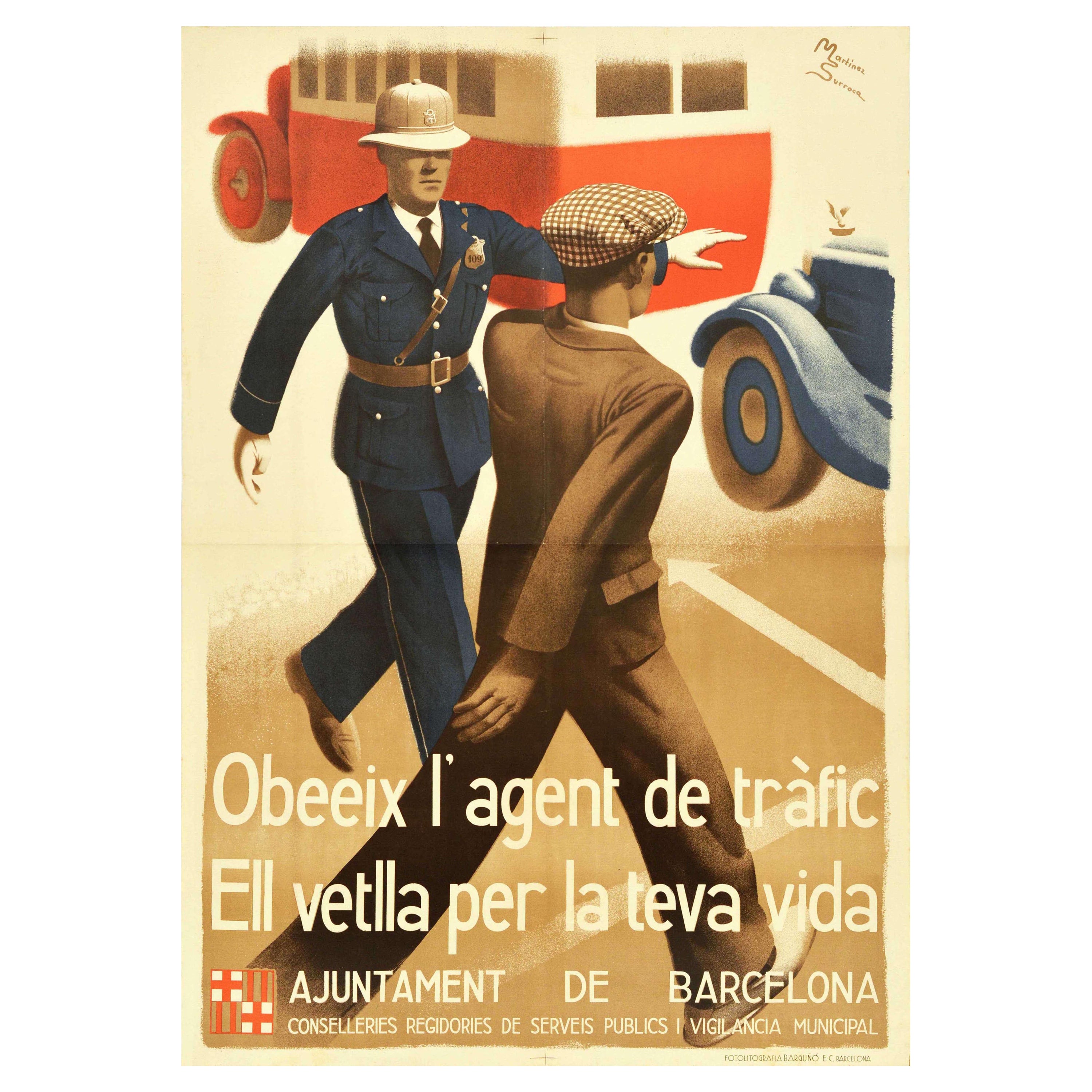 Original Vintage Road Safety Propaganda Poster Obey The Traffic Art Deco Spain For Sale