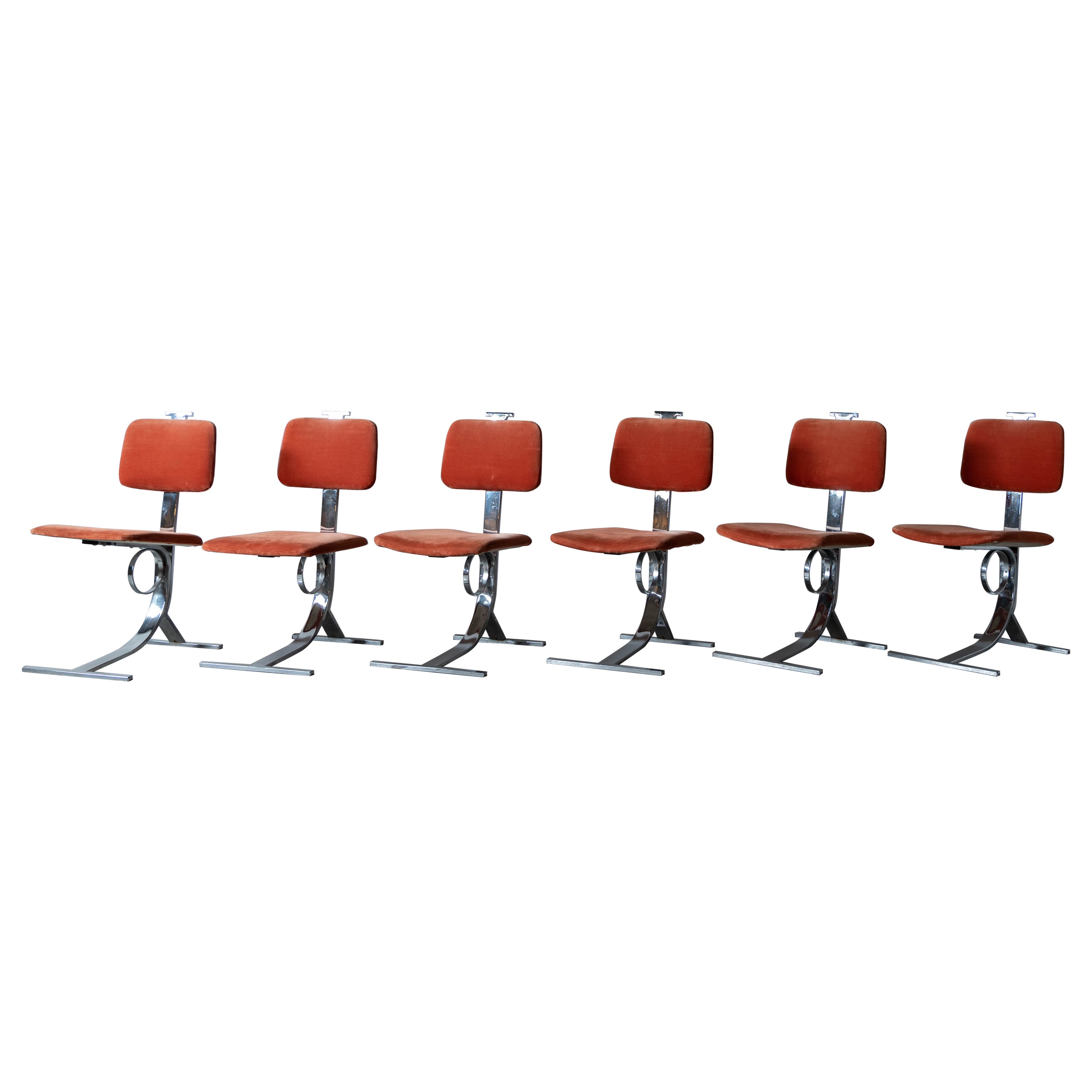 Vittorio Introini 'Attribution', Dining Chairs, Chrome Metal, Fabric Italy 1970s