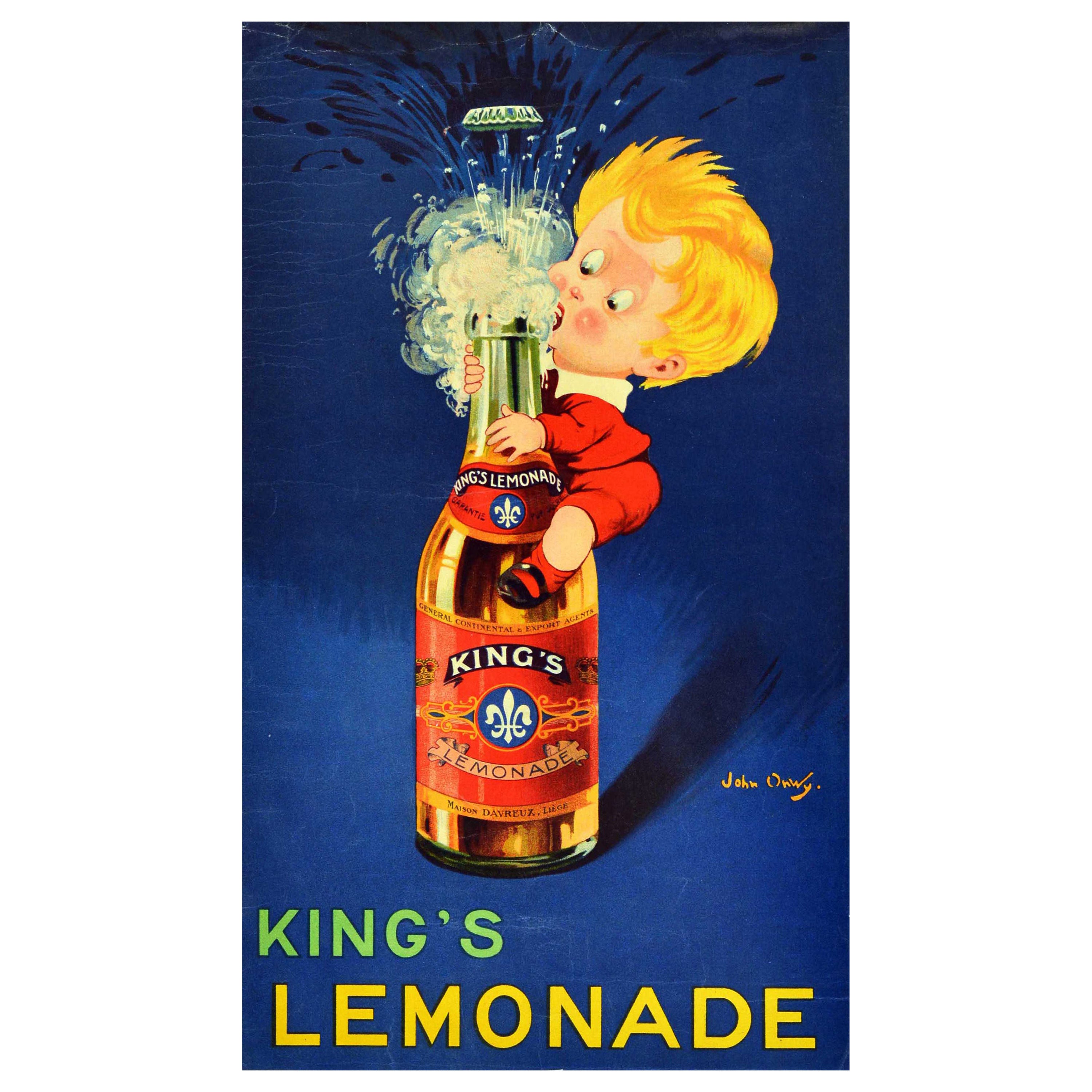 Affiche publicitaire originale d'antiquités pour la boisson Kings Lemonade de John Onwy Soda Pop en vente