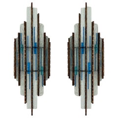 Pair of Hammered Glass Wrought Iron Sconces by Longobard, Italy, 1970s