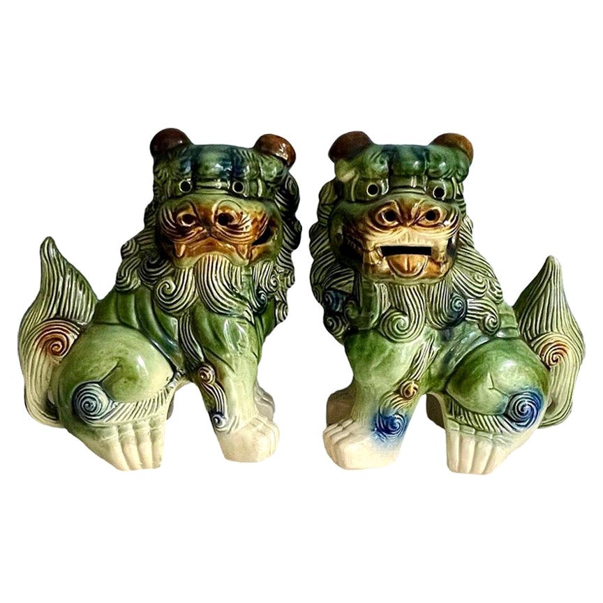 Large Chinese Polychrome Ceramic Glaze Foo Dogs - a Pair