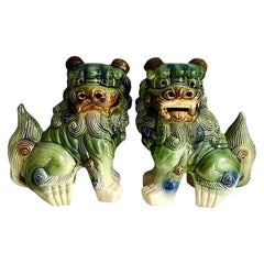 Vintage Large Chinese Polychrome Ceramic Glaze Foo Dogs - a Pair