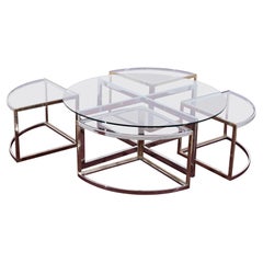 Maison Charles France Round Coffee Table with Nesting Tables Brass Chrome