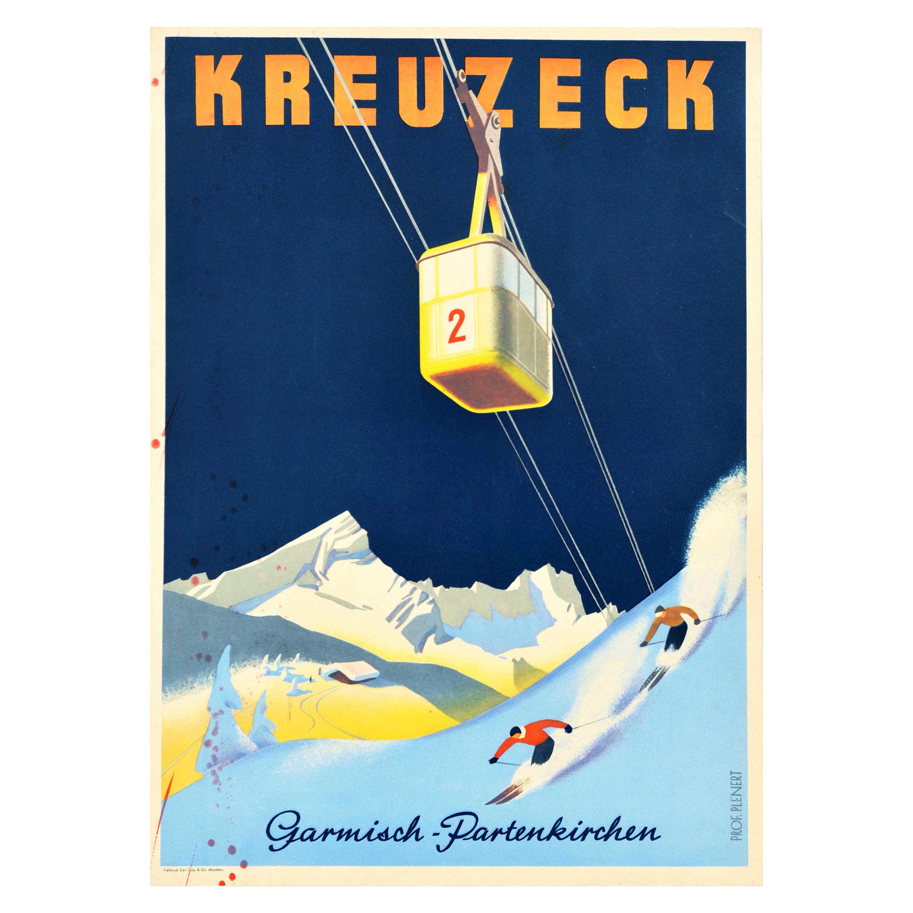 Original Vintage Ski-Wintersport-Reiseplakat Kreuzeck, Garmisch Partenkirchen, Österreich