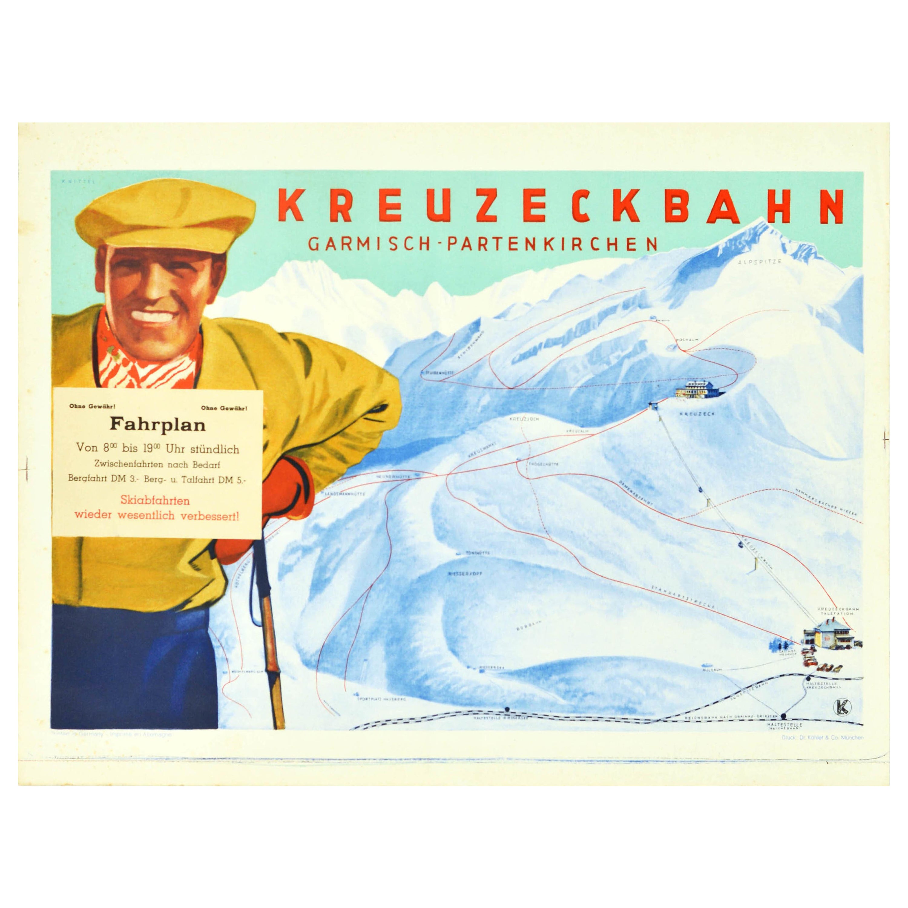 Affiche rétro originale Kreuzeck Bahn Garmisch Partenkirchen, Voiture de ski avec câble