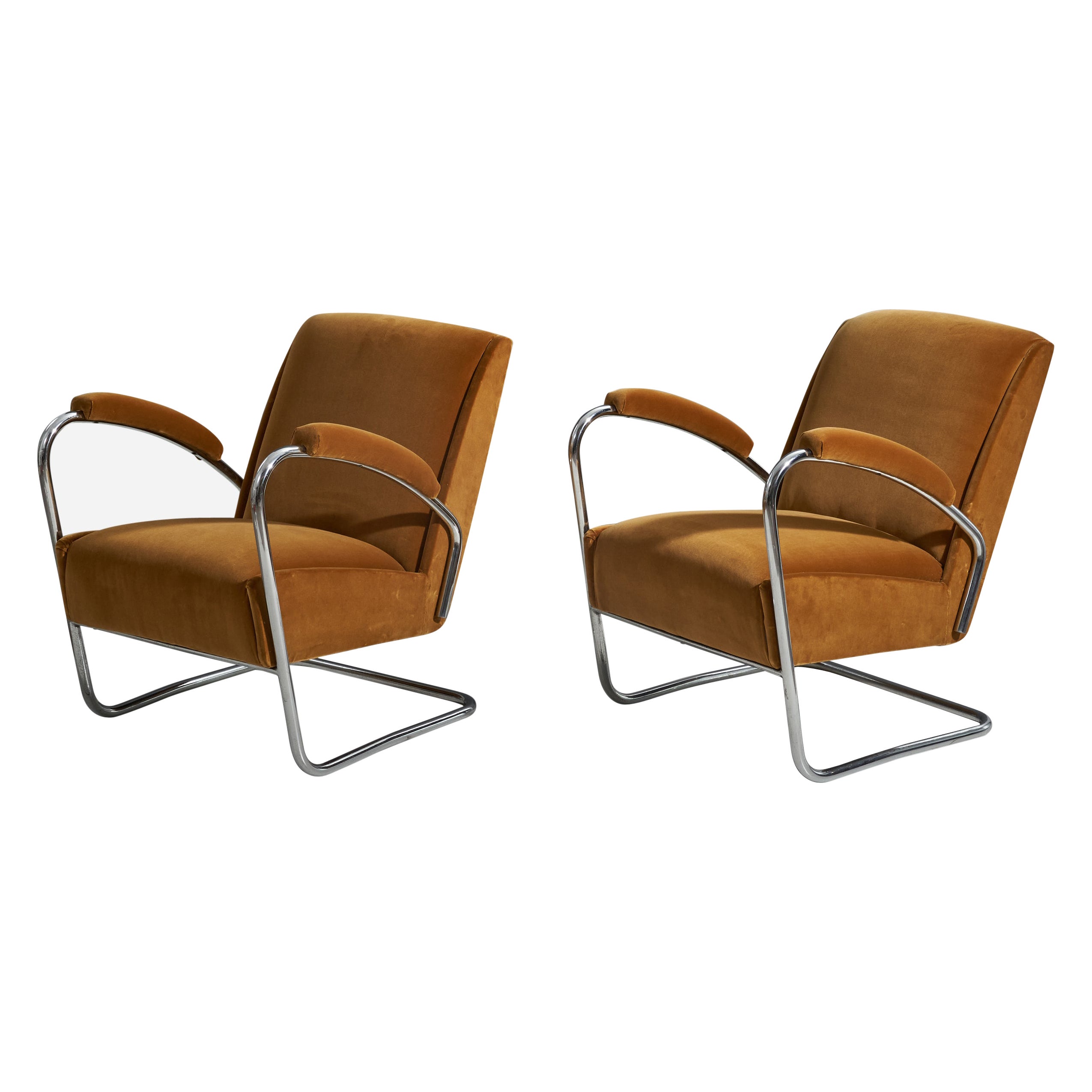 PEL, Lounge Chairs, Steel, Brown / Yellow Velvet, England, 1930s For Sale