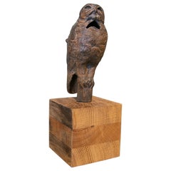 Vintage 1970s Bronze Owl Sculpture on Numered Wooden Base