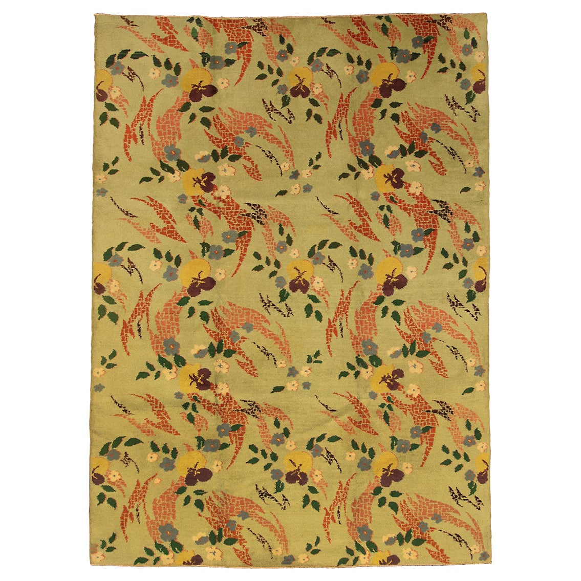 Art Deco Green Turkish Rug Floral Design