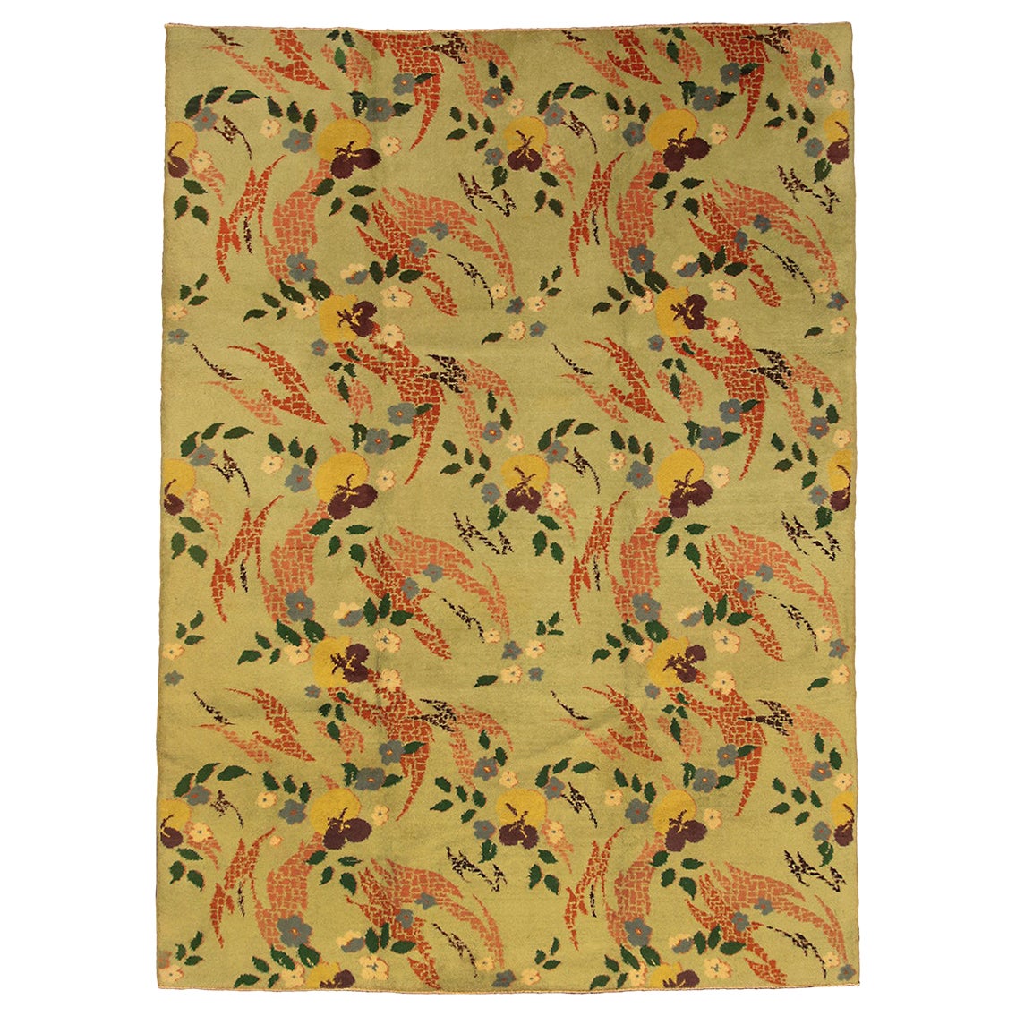 Art Deco Green Turkish Rug Floral Design  For Sale