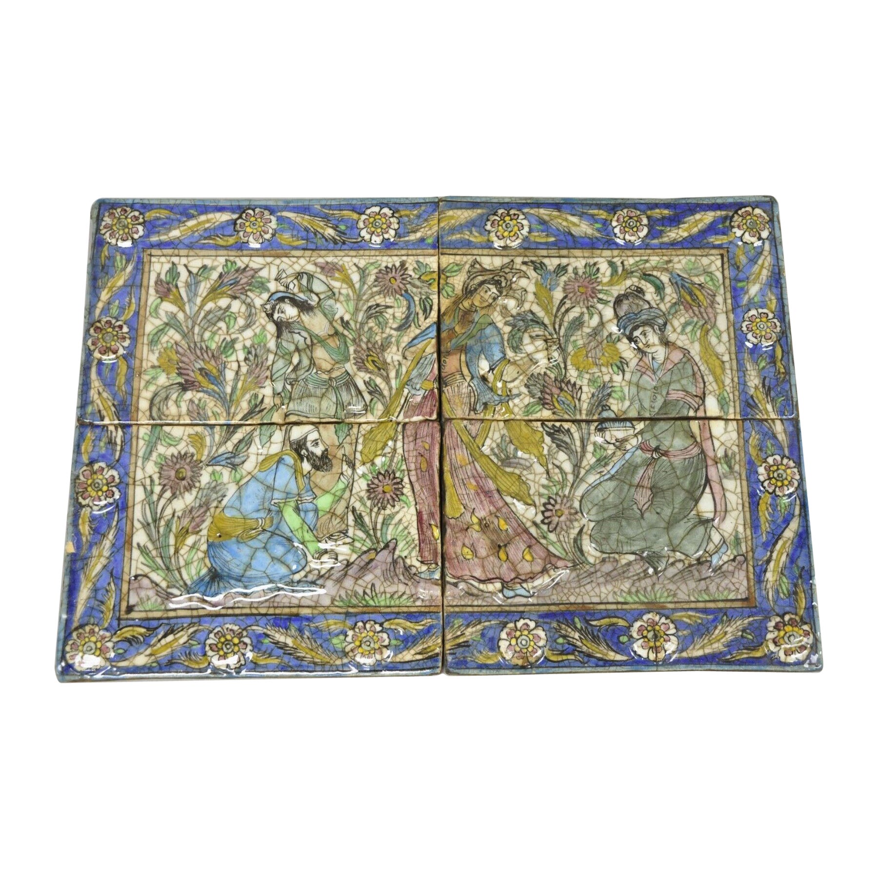 Antique Persian Iznik Qajar Style Ceramic Pottery Tile Mosaic Woman & Servant C7 For Sale