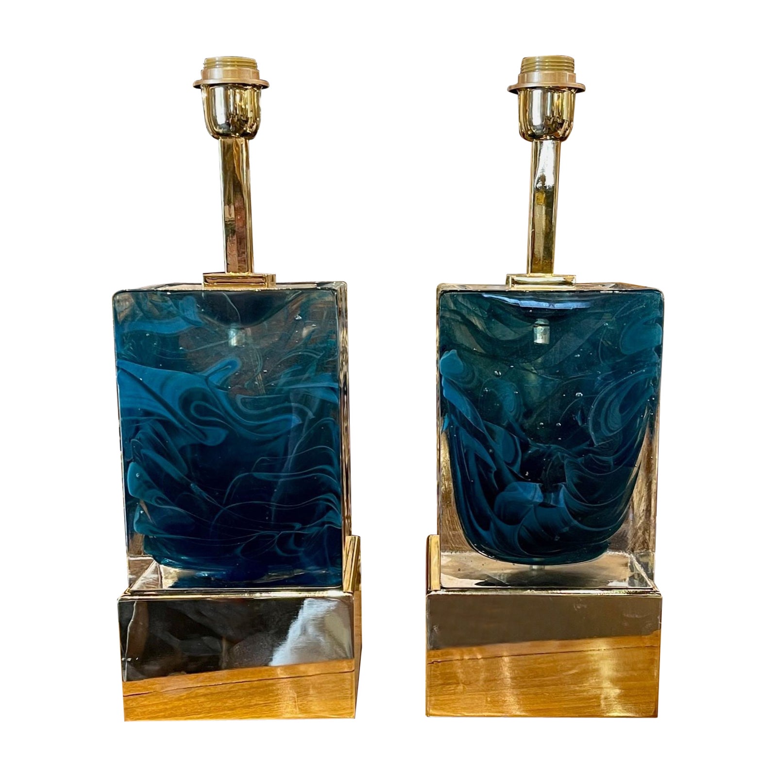 Modern Blue Murano Glass Block Lamps on Brass Base For Sale
