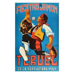 Original Vintage Food Travel Poster Jamon Teruel Festival Spain Fiesta Serrano
