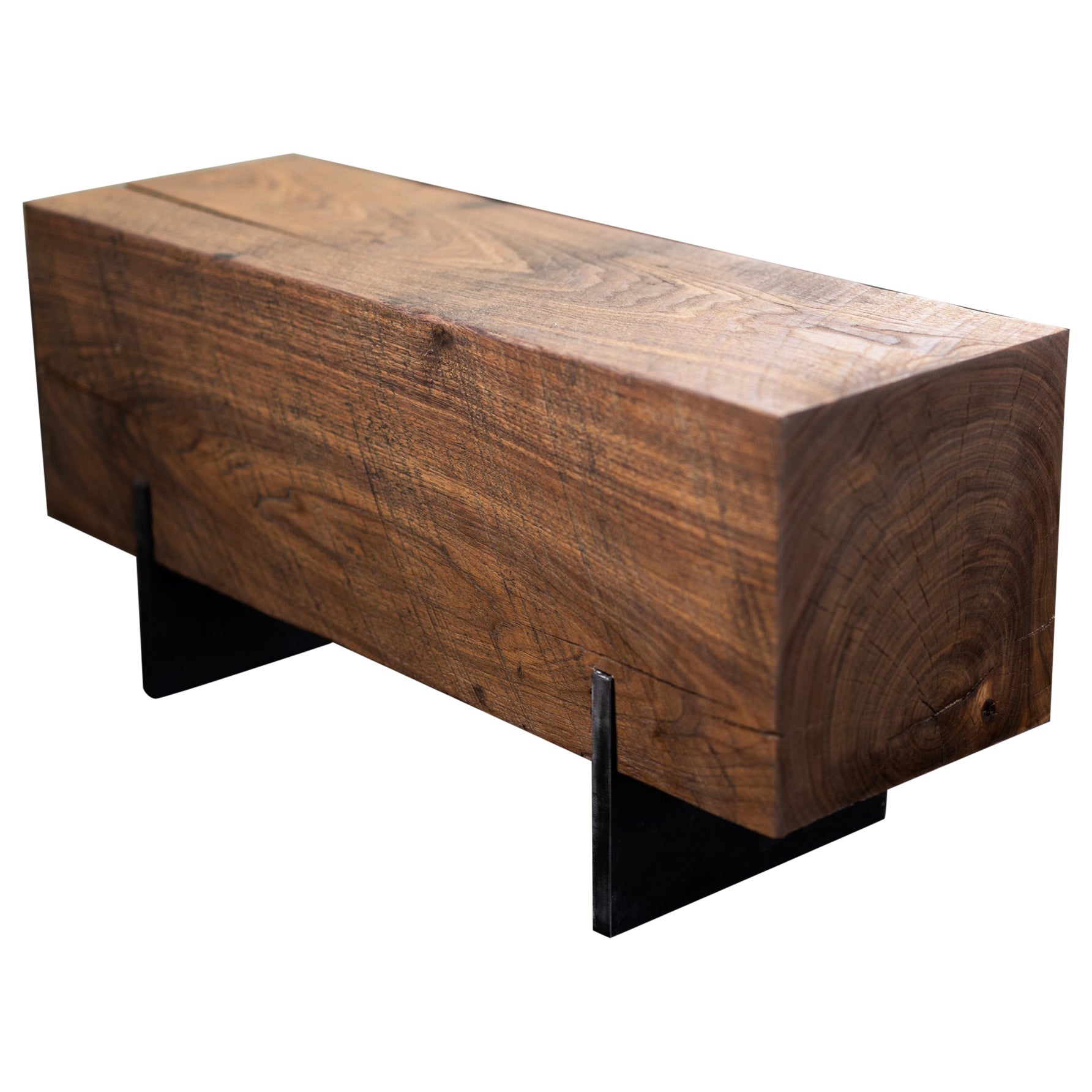 Knife Walnut Beam Bench 4' Solid Wood + Blackened Steel Bench by Alabama Sawyer For Sale