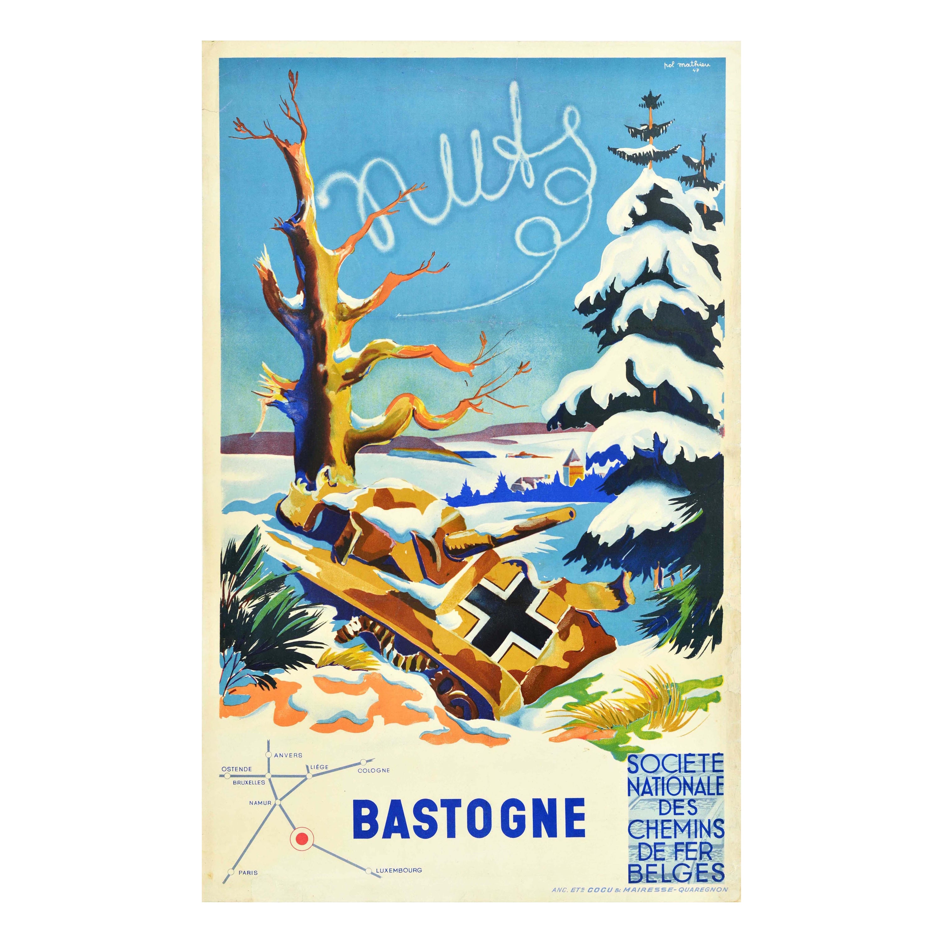 Original Vintage Post-WWII Travel Poster Bastogne Belgian National Railway Tank