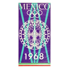 Original Vintage Sports Poster Mexico Olympic Games 1968 Aztec Sun Sculpture Art