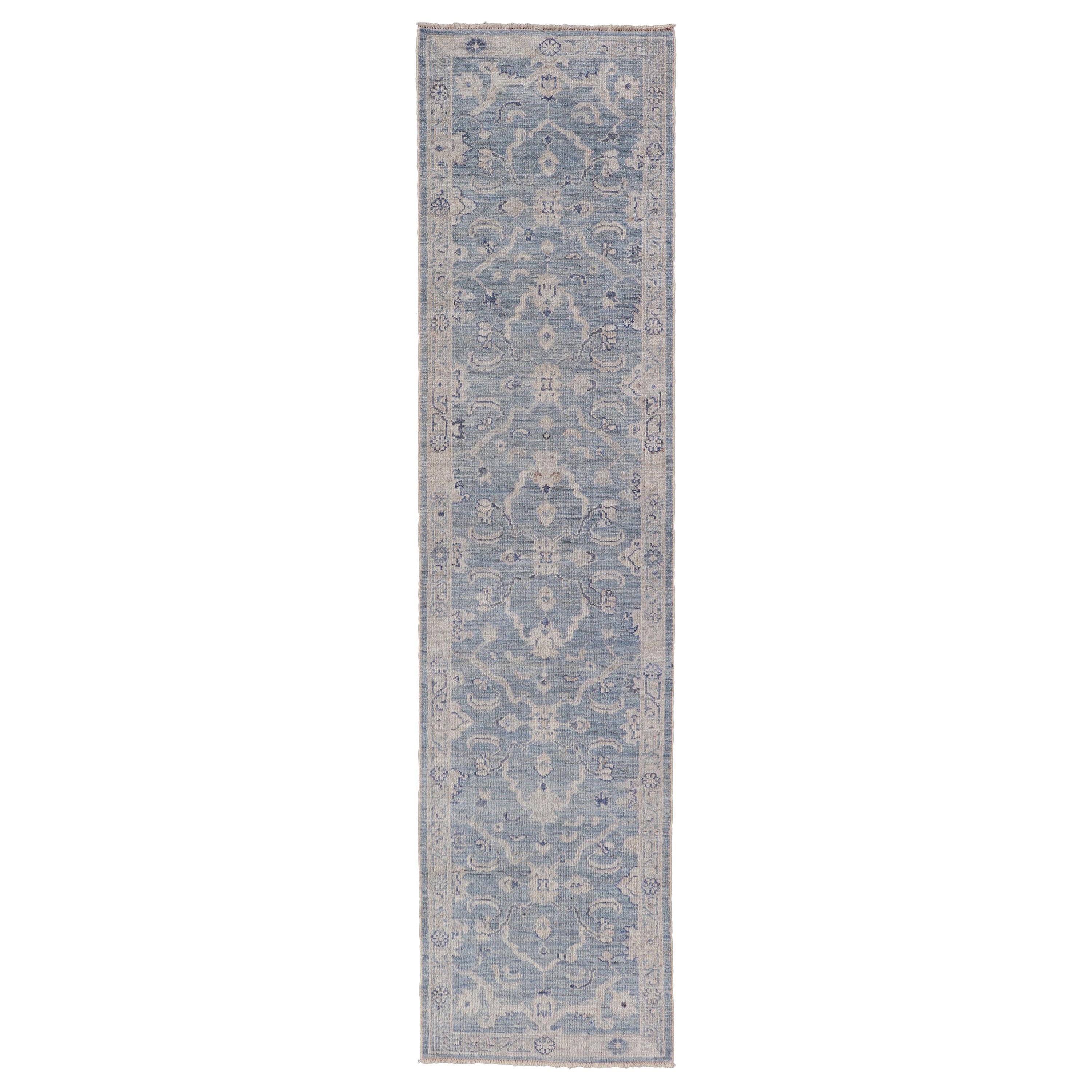 Angora Turkish Oushak Runner with Floral Design and Medium Blue and Grey Border For Sale