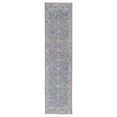 Angora Turkish Oushak Runner with Floral Design and Medium Blue and Grey Border