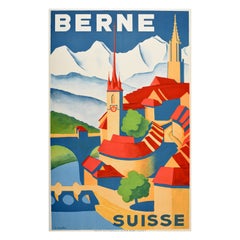 Affiche de voyage vintage d'origine Berne Suisse Art Déco Vieille ville River Aare