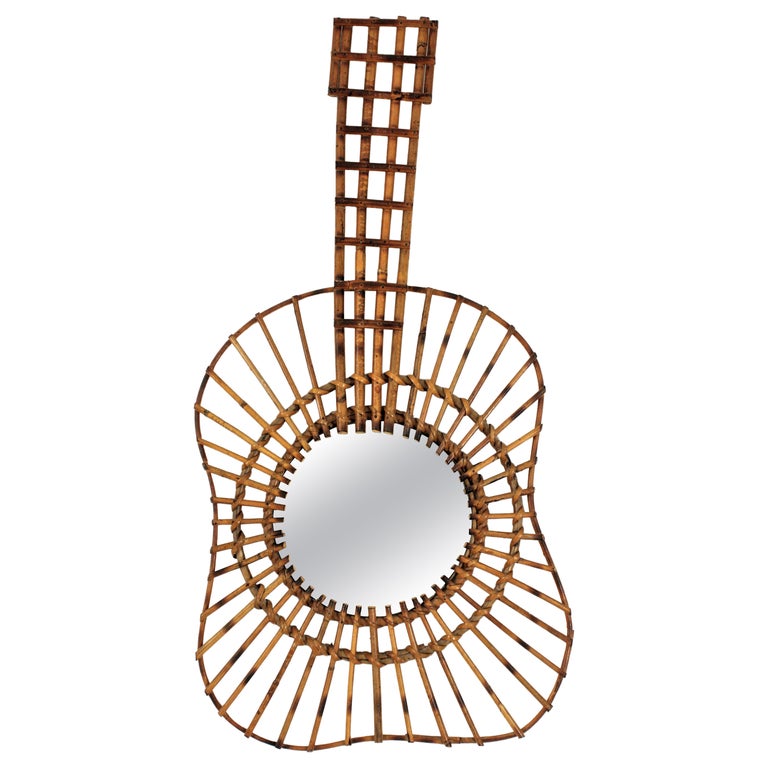 One of a Kind French Rattan Guitar Shaped Mirror, 1950s For Sale at 1stDibs