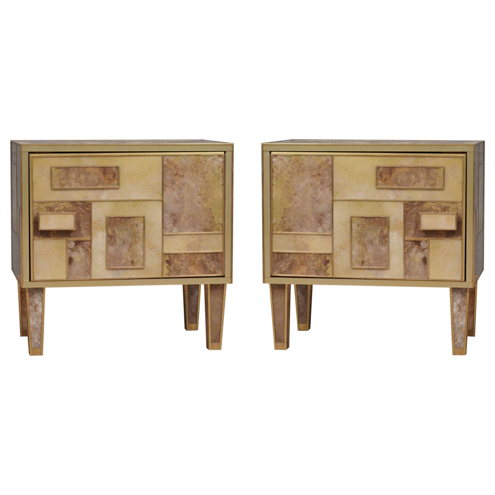 MidCentury Square brown and White Color Glass and Brass Night Stand, 2020 For Sale