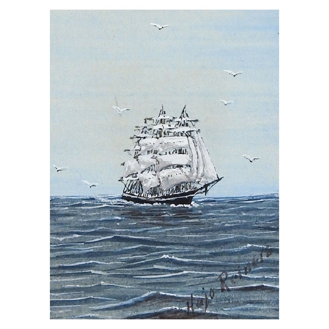Tiny Vintage Sailing Clipper Ship Watercolor Painting