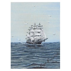 Tiny Antique Sailing Clipper Ship Watercolor Painting