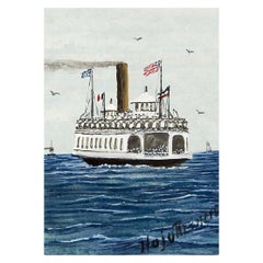 Tiny Sailing Ship Ferry American Flag Watercolor Painting